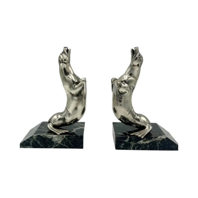 Silver Pair Art Deco Sea Lion Bookends French Silverplate Alabaster For Sale - Image 8 of 12
