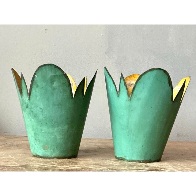 Green Vintage Boho Original Tole Cache Pots - A Pair For Sale - Image 8 of 10