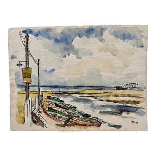 Henry Emil Salloch Original Watercolor on Paper Coastal Harbor, 1946 For Sale