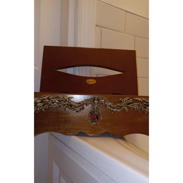 Traditional Country Rustic Elegant Box: Solid Wood, Hinged Lid, Gold Tone Trim, Scalloped Walnut Ornamental Facial Tissue Napkin Holder Decor For Sale - Image 10 of 18