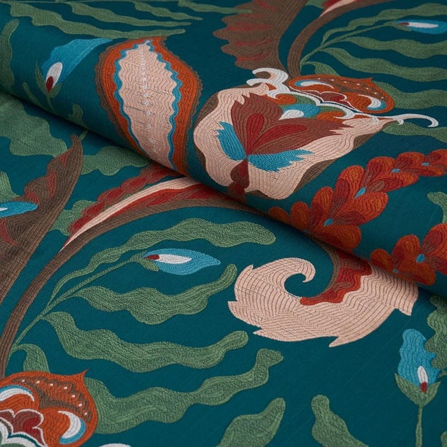 Schumacher SAMPLE - Schumacher X Laura Gonzalez Jaipur Fantaisie Fabric In Turquoise For Sale - Image 4 of 4