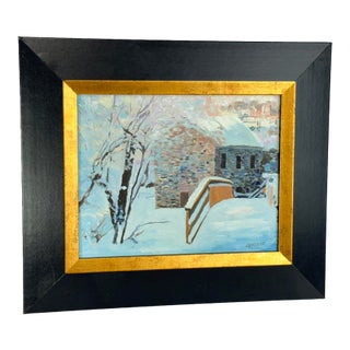 Ben Marcune Signed Oil Painting, Snowy Stone Building & Railing Winter Scene, Framed For Sale