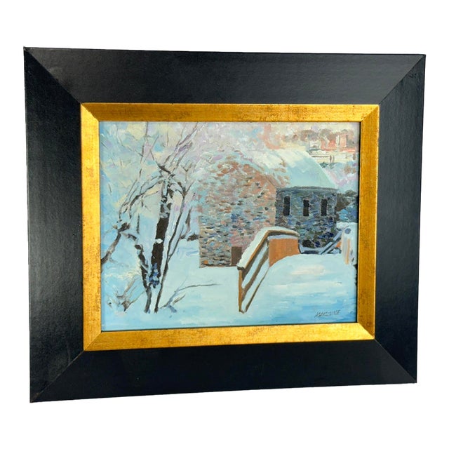 Ben Marcune Signed Oil Painting, Snowy Stone Building & Railing Winter Scene, Framed For Sale