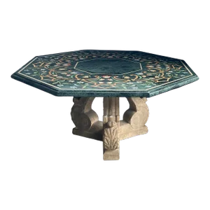 1990s Octagonal Center Table With Verde Antico Top & Michael Taylor Faux Stone Base