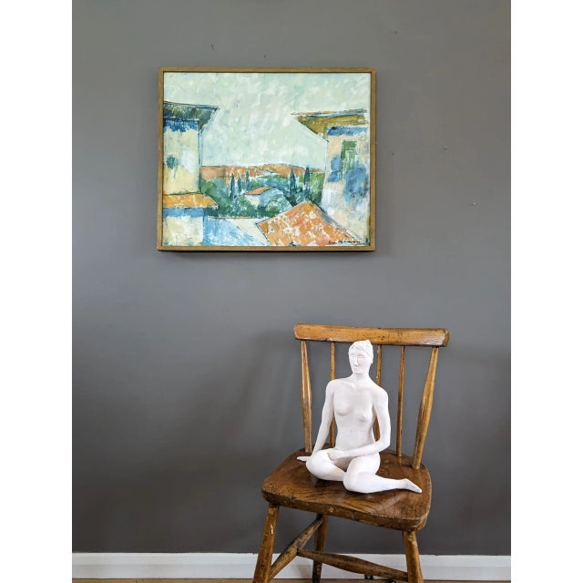 Mid-Century Modern Mid-Century Modern "Rustic Houses" Vintage Swedish Landscape Oil Painting, Framed For Sale - Image 3 of 12