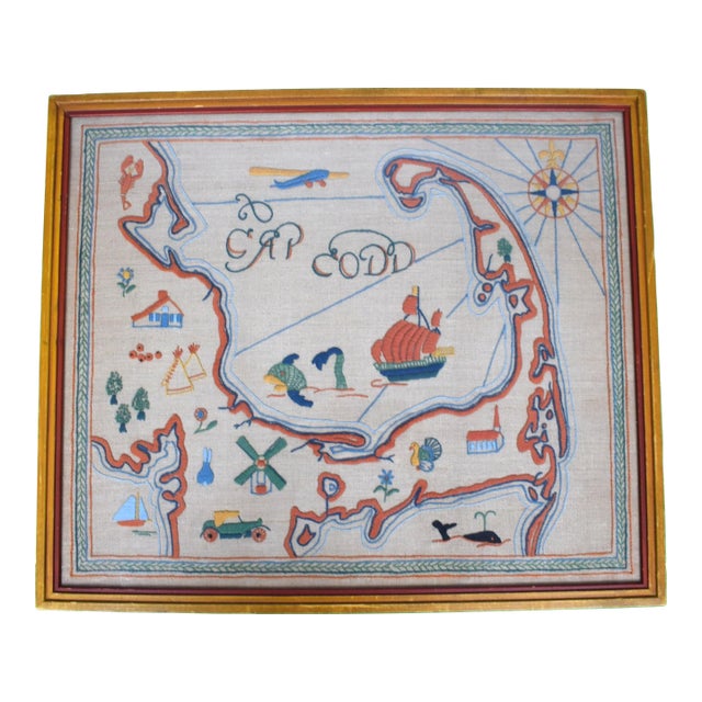 Cap Codd C1930s Crewel Embroidered Map For Sale