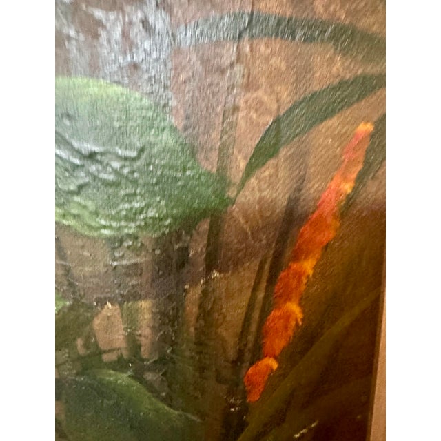 Yellow Vintage Boho Bamboo Parrot Painting, Illegible Signature, Framed 48” X 36 - Signed Unknown Artist For Sale - Image 8 of 12