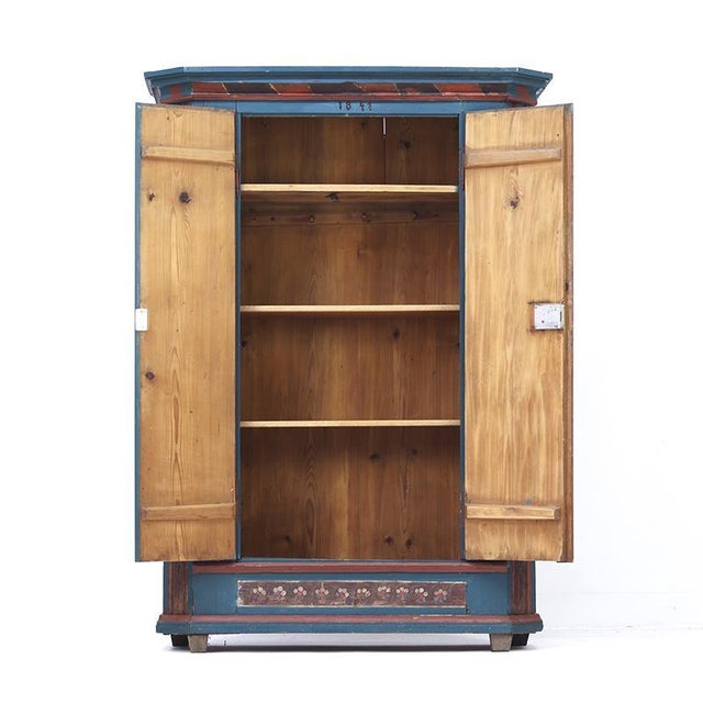 Blue Rustic Farmhouse Folk Art Painted Bridal Cabinet, 1841 For Sale - Image 8 of 13