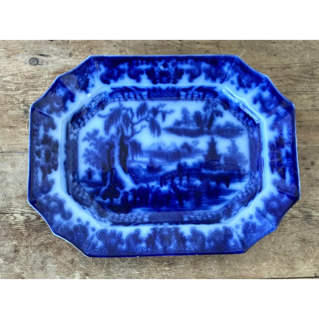 Vintage Boho Blue Willow Octagon Ceramic Platter For Sale - Image 4 of 12