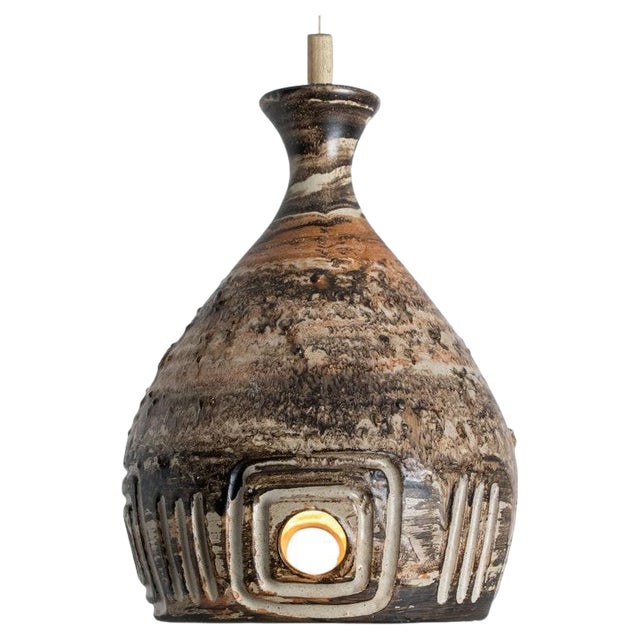 Brown Beige Ceramic Pendant Light, Denmark, 1970s For Sale