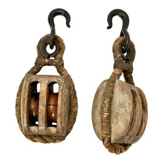 Outstanding Authentic 19th Century New England Hand Made Large 16 Inch Tall Ships Sail Rigging Block & Tackle Pulleys For Sale