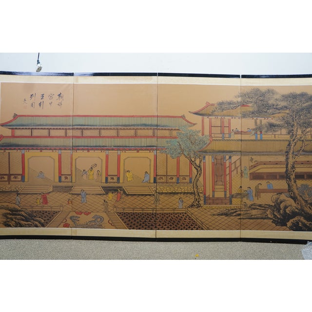 Chinese Painted Silk 4 Panel Folding Screen Dynasty Courtyard Black Lacquer 72" For Sale - Image 12 of 18