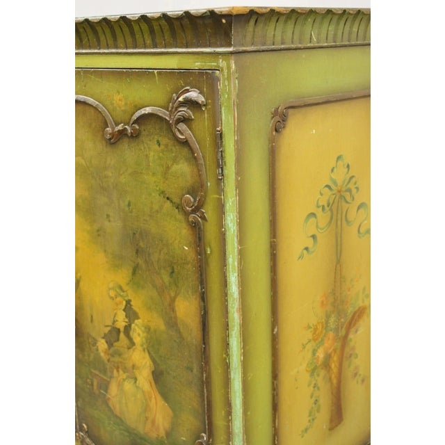 Antique French Renaissance Green Distress Painted Radio Cabinet Bar Cupboard For Sale - Image 12 of 14