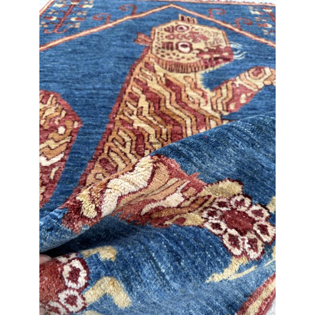 Ivory Blue Gold Hand Knotted Tibetan Tiger Pictorial Wool Rug, 03'01 X 04'08 For Sale - Image 8 of 10