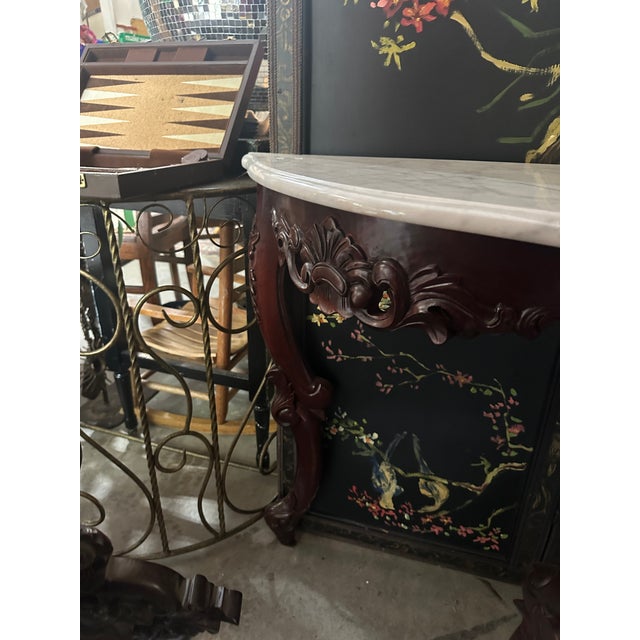 Brown 1970s Dark Wooden Oval Mirror and Console Table With Marble Top Pair For Sale - Image 8 of 11