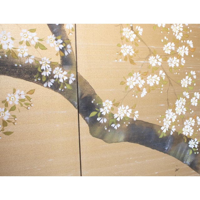 1950-1960s Shōwa Era Japanese Painted Silk Byobu Screen "Blossoming Sakura" For Sale - Image 15 of 18