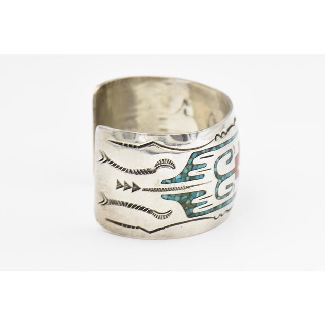 Late 20th Century Gibson Gene Navajo Sterling Silver Turquoise Inlay Cuff Bracelet For Sale - Image 4 of 9