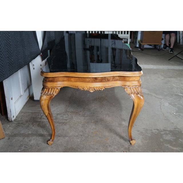 Antique Italian Baroque Venetian Walnut Burl Black Top Glass Dining Table Desk For Sale - Image 16 of 18