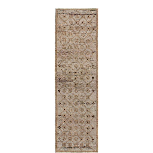 Turkish Vintage Runner With Latticework Design in Taupe, Cream and Khaki For Sale