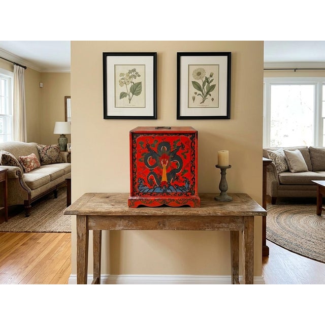 This exquisite vintage finish Chinese scholar’s chest showcases rich traditional craftsmanship, featuring a vibrant red-...