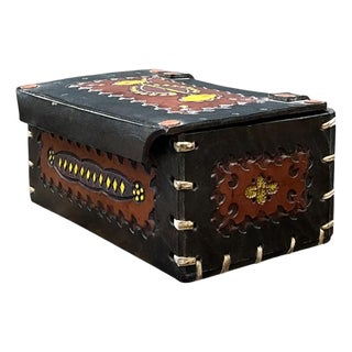 Vintage Handcrafted Leather Trinket Box For Sale