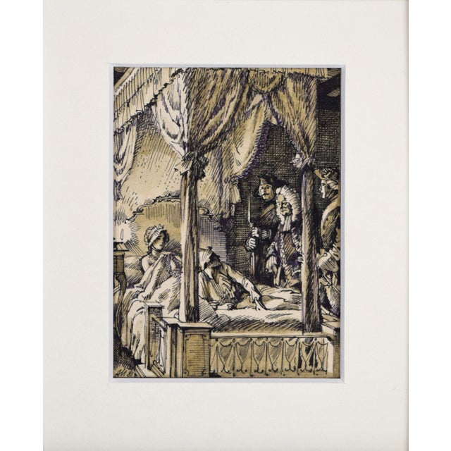 Vintage pen & ink illustration with watercolor by Anatoly Itkin of a couple being awoken in bed by a group in candlelight....