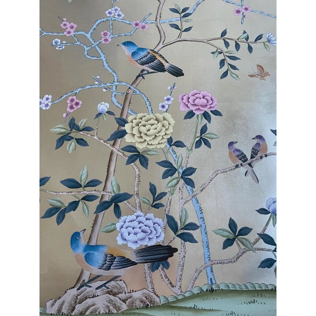 Luxury Hand Painted Champagne Silver Wallpaper With Birds & Floral Branches, Elegant Chinoiserie Botanical Wall Mural, Custom Oriental Wallcovering For Sale - Image 4 of 8
