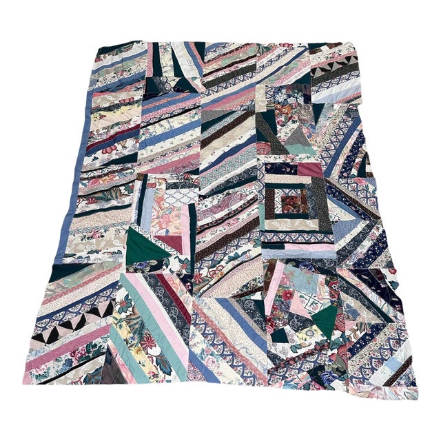 Vintage Mid 20th Century Twin Size Quilt Top Known as a Crazy Quilt For Sale