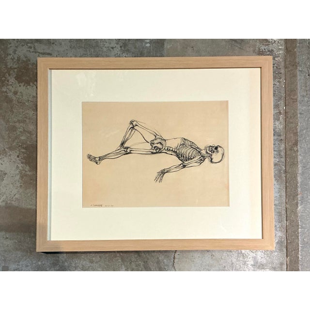 Vintage Framed Reclining Skeleton Study on Paper For Sale - Image 9 of 12