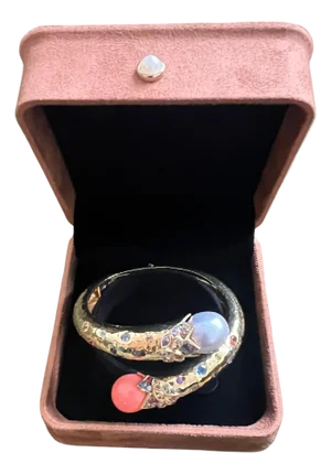 Bochic "Orient" Vintage Sapphire, Coral & South Sea Pearl Bangle - 18K & Silver