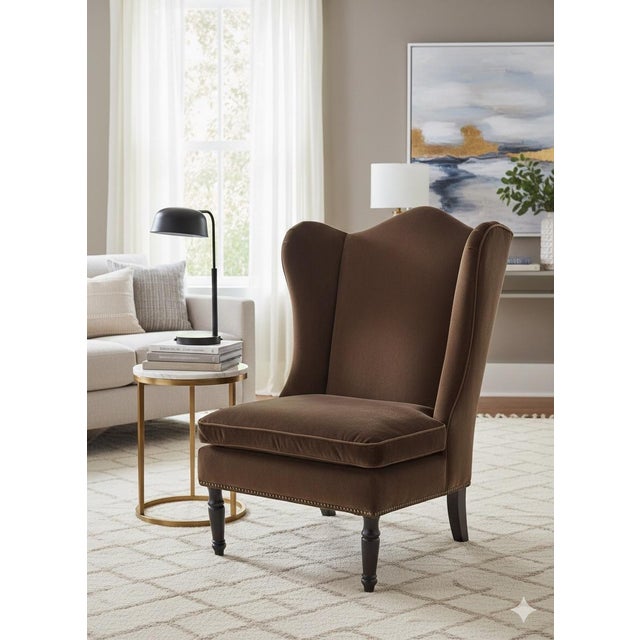 Chocolate Drexel Heritage "Jaime R" Velvet Wingback Slipper Chair With Goose Feather Cushion For Sale - Image 8 of 11