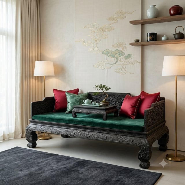 Oriental Dragon Relief Motif Solid Dense Tan Wood Luohan Daybed For Sale - Image 12 of 16