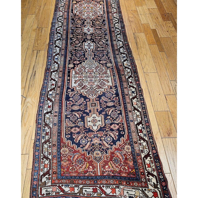 Vintage Persian Bidjar Wide Runner, Hand-Knotted Wool, Geometric Medallion Pattern, Navy & Ivory, 4x14 For Sale - Image 15 of 18
