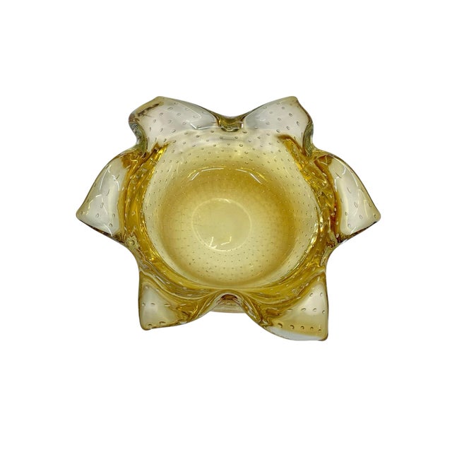 Vintage Murano Bullicante Controlled Bubble Art Glass Amber Yellow Ashtray/ Catchall For Sale In New York - Image 6 of 10