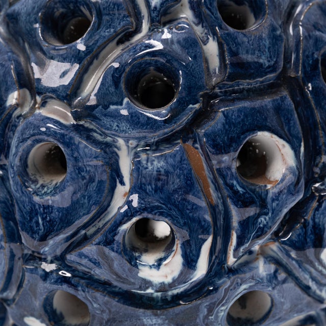Metal Perforated Blue and White Glazed Stoneware Table Lamp, Denmark, 1960s For Sale - Image 7 of 9