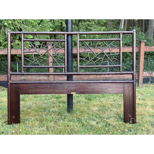 1970s Vintage McGuire Dark Bamboo & Ebonized Mahogany Leather Queen Size Headboard For Sale - Image 4 of 8