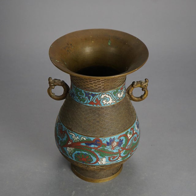 Antique Chinese Bronze Cloisonne Enameled Double Handled Vase, Circa 1910 For Sale - Image 6 of 8