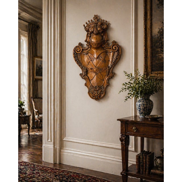 19th century Hand Carved Heraldic Wall Crest w/ Armored Knight Motif dimensions 47"H x 28" W x 10"D Description A striking...