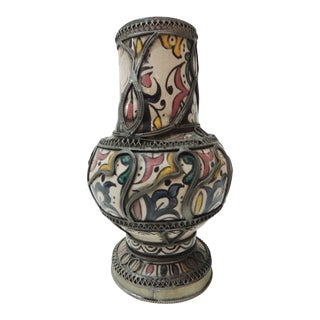 Vintage Colorful Moroccan Ceramic Vase Adorned With Metal Filigree Details For Sale