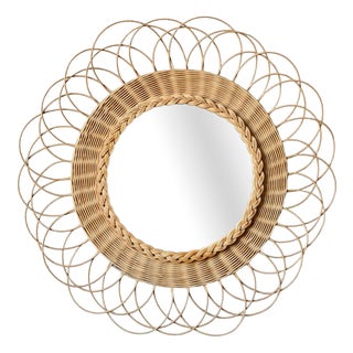 Round Wall Mirror in Woven Rattan by Dillenseger, 1980s For Sale