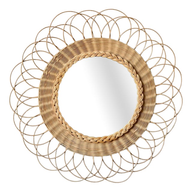 Round Wall Mirror in Woven Rattan by Dillenseger, 1980s For Sale