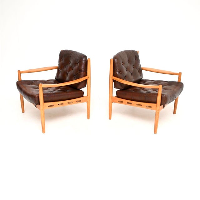 Mid-Century Modern Vintage Swedish Leather and Birch Lounge Chairs attributed to Ingemar Thillmark for Ope, 1960s, Set of 2 For Sale - Image 3 of 11