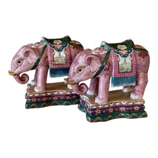 Pair of Chinese Export Famille Rose Style Elephant Bookends or Decorative Objects For Sale