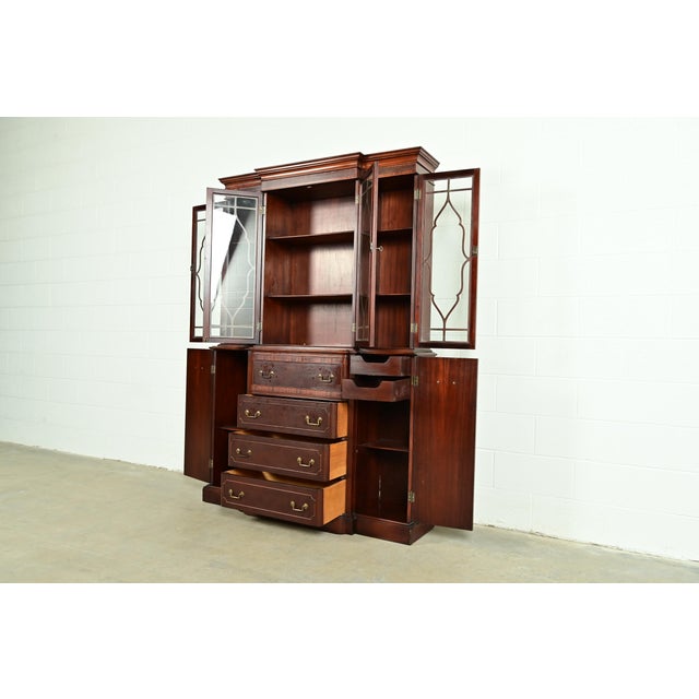 Baker Furniture Style Georgian Banded Mahogany Breakfront Bookcase Cabinet With Drop Front Secretary Desk For Sale In South Bend - Image 6 of 15
