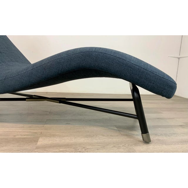 Stylish Modern Blue Chaise Lounge, black metal frame with satin nickel accents, showroom floor sample
