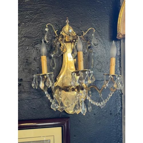 1980s Pair of 1980s Contemporary Rococo Style Brass and Crystal Bi Level Three Light Sconces For Sale - Image 5 of 12