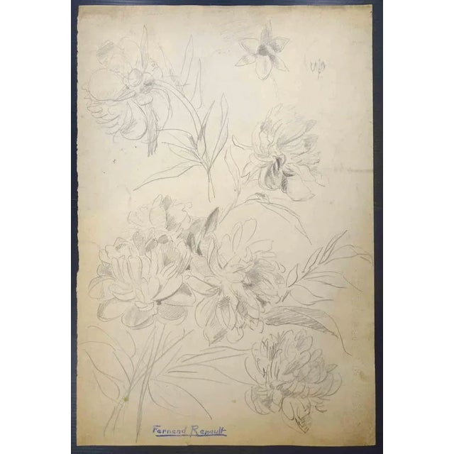 Flowers is a drawing realized by Albert Fernand-Renault in the early 20th Century. Pencil on paper. Stamped signed. Good...