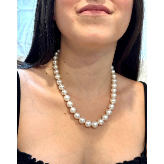 Graduating White South Sea Pearls 9-12mm Strand Necklace 14 Kt Yellow Gold Clasp For Sale - Image 13 of 18