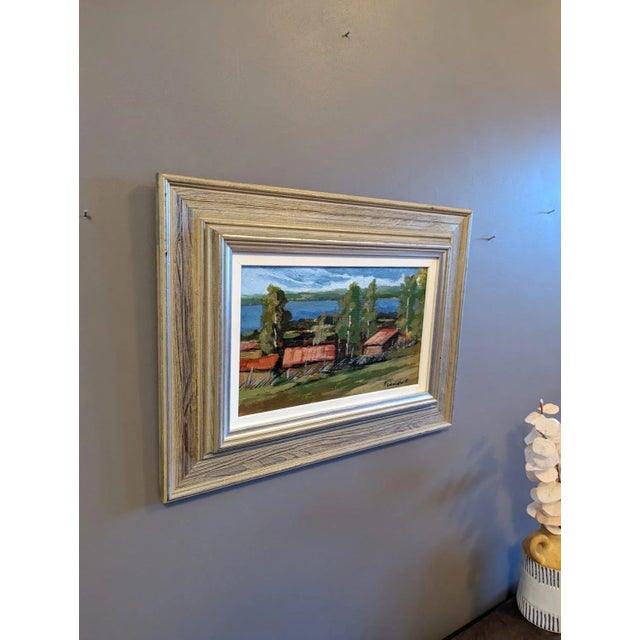 Mid-Century Modern Swedish "Red Houses in Nature" Vintage Expressive Landscape Oil Painting, Framed For Sale - Image 4 of 12