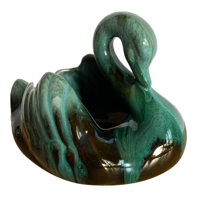 Vintage MCM Blue Mountain Canada Pottery Swan Black Planter For Sale